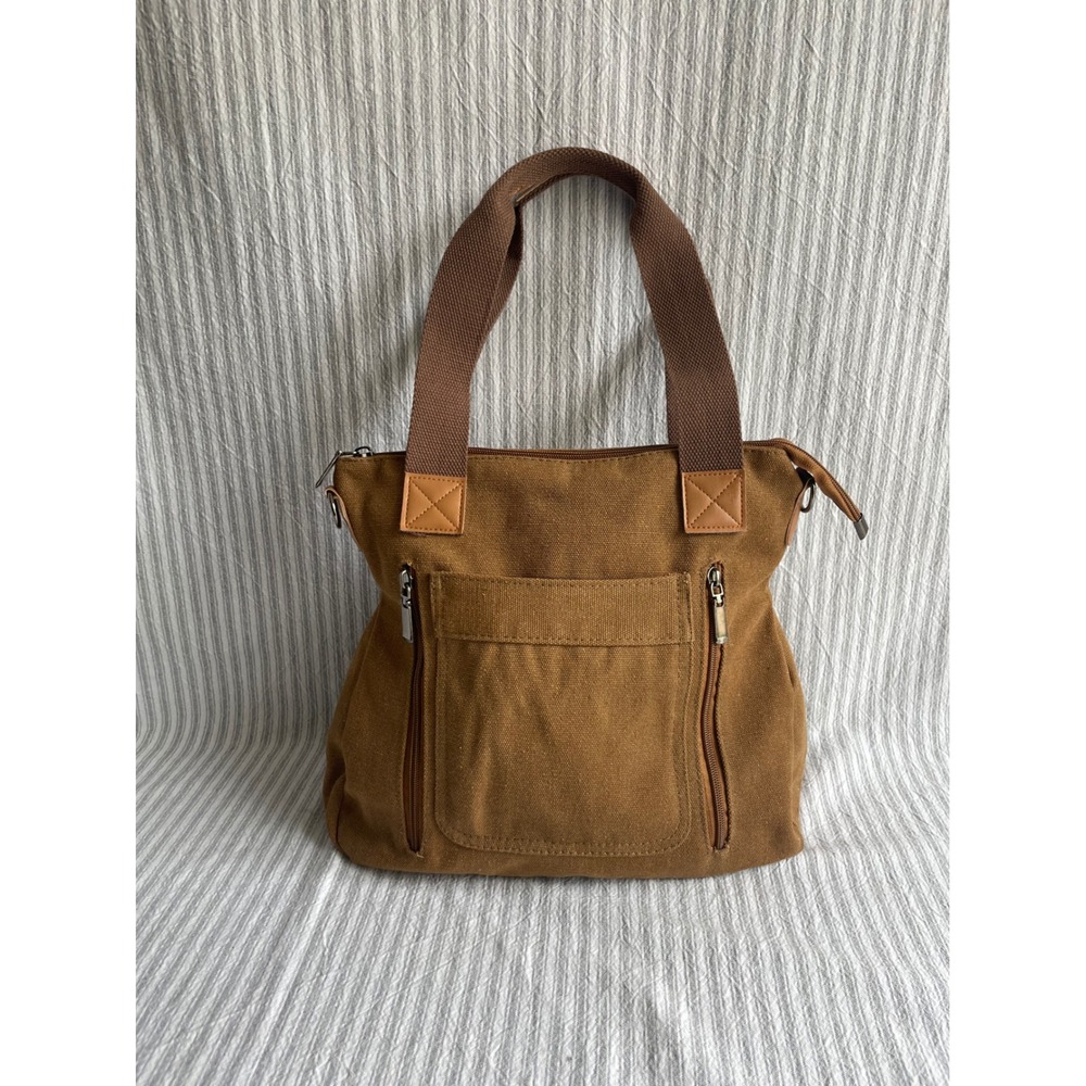 Utilitarian Canvas Multi-Pocket Tote Bag in Earthy Brown Workwear Rugged Drab